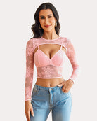 Pink lace cami top with long sheer shrug sleeves and underwire cups