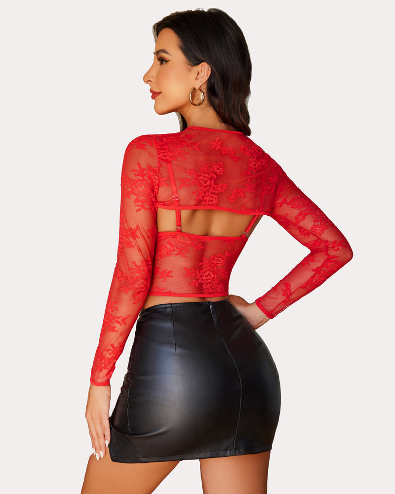 Red lace cami top with back cutout and long sheer shrug sleeves