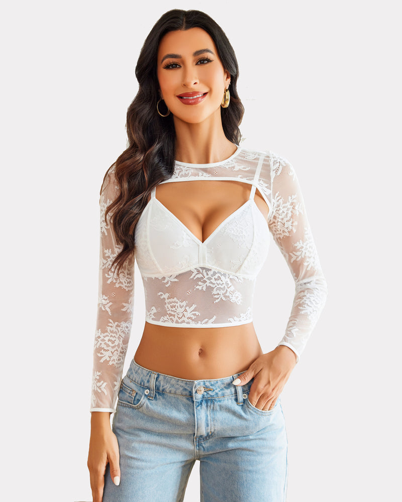 White lace cami top with long sheer shrug sleeves and underwire cups