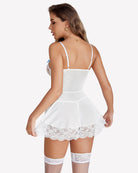 White lace mesh babydoll nighty back view with thin straps and lace garters