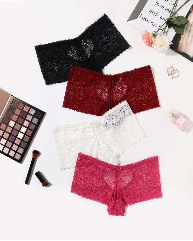 High-waist lace boyshort panties set in black, red, white, and pink.