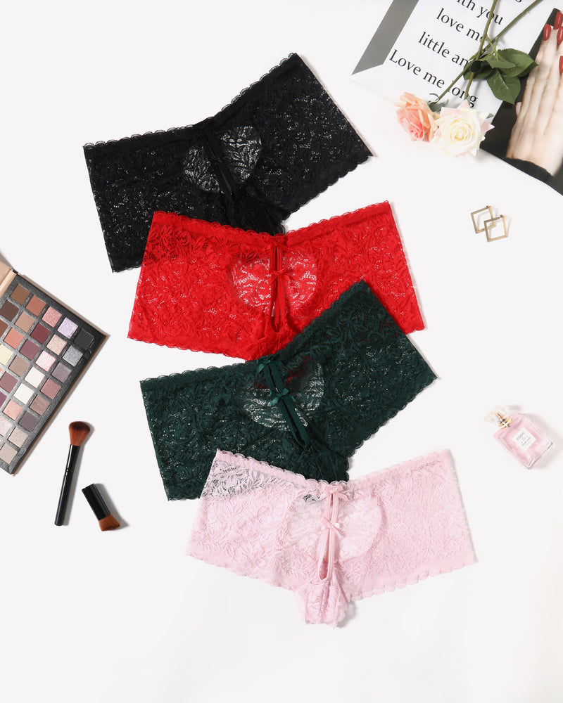 High-waist lace boyshort panties set in black, red, dark green, and pale pink.