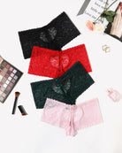 High-waist lace boyshort panties set in black, red, dark green, and pale pink.