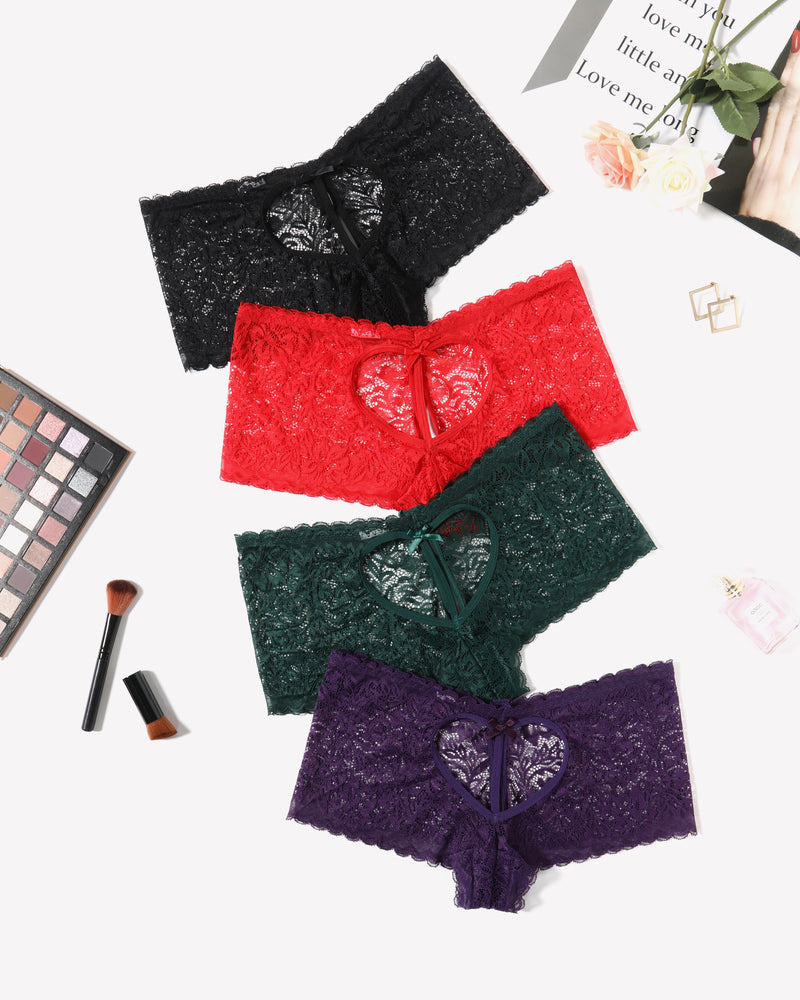 High-waist lace boyshort panties set in black, red, dark green, and purple.