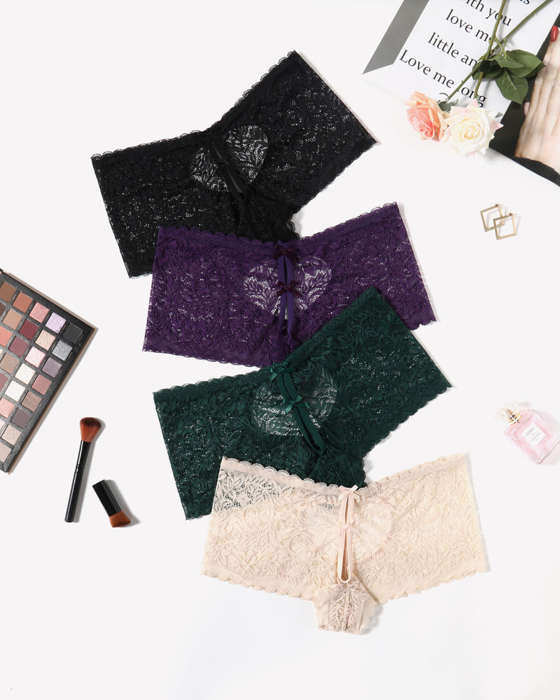 High-waist lace boyshort panties set in black, purple, dark green, and beige.