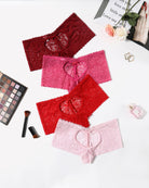 High-waist lace boyshort panties set in deep red, pink, red, and light pink.
