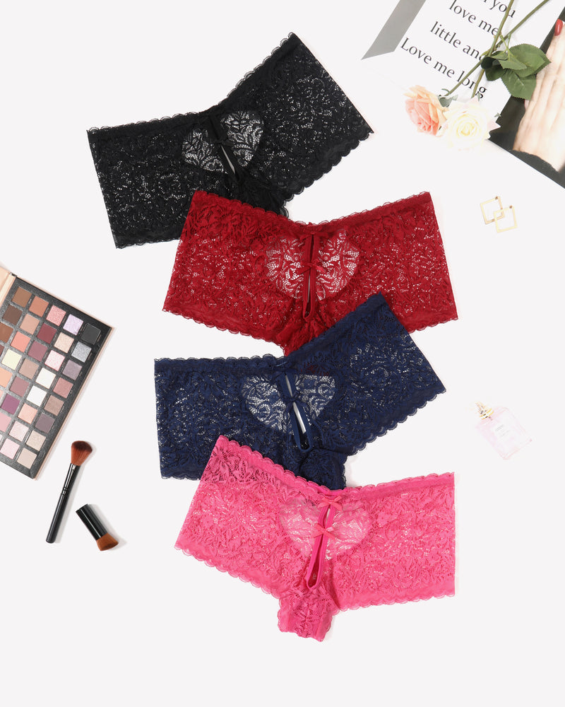 High-waist lace boyshort panties set in black, red, navy, and pink.