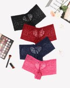 High-waist lace boyshort panties set in black, red, navy, and pink.