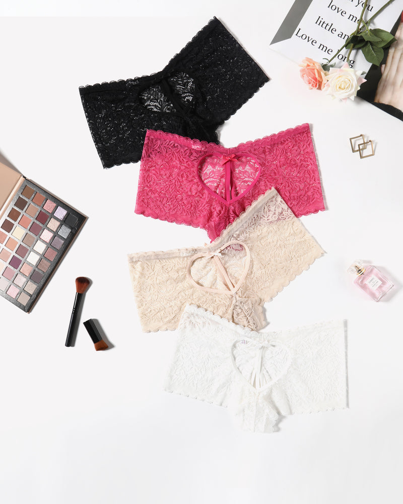 High-waist lace boyshorts set: black, pink, cream, bow-front keyhole