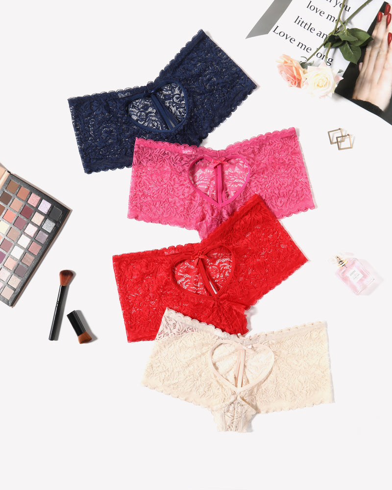 High-waist lace boyshorts set: navy, pink, red, cream, bow-front keyhole