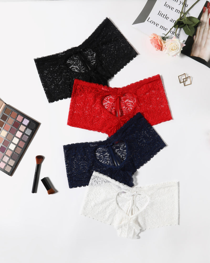 High-waist lace boyshorts set: black, red, navy, white, bow-front keyhole
