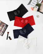 High-waist lace boyshorts set: black, red, navy, white, bow-front keyhole