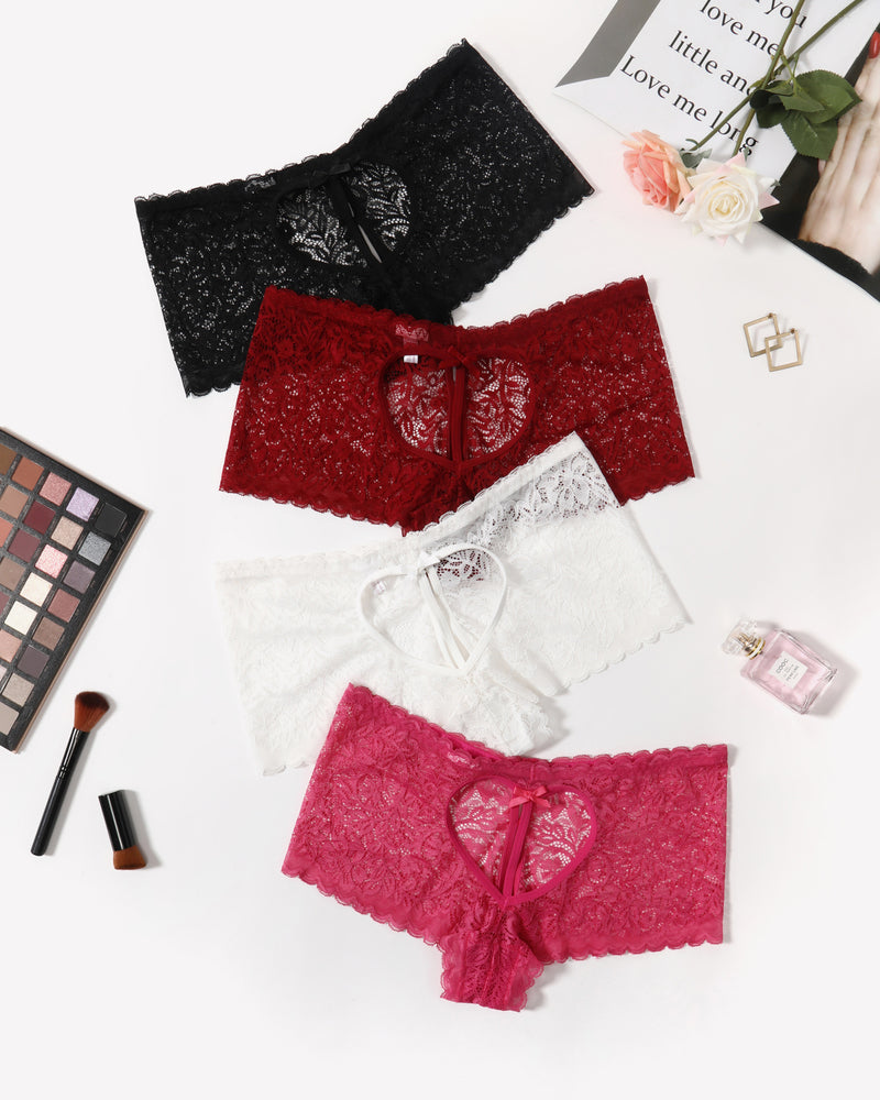 High-waist lace boyshort panties set in black, red, white, and rose pink.