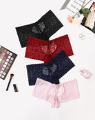 High-waist lace boyshort panties set in black, red, navy, and light pink.