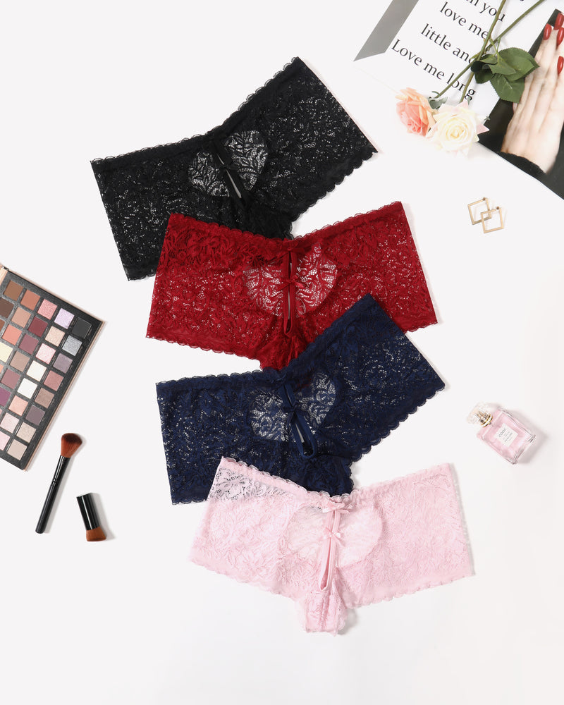High-waist lace boyshort panties set in black, red, navy, and light pink.