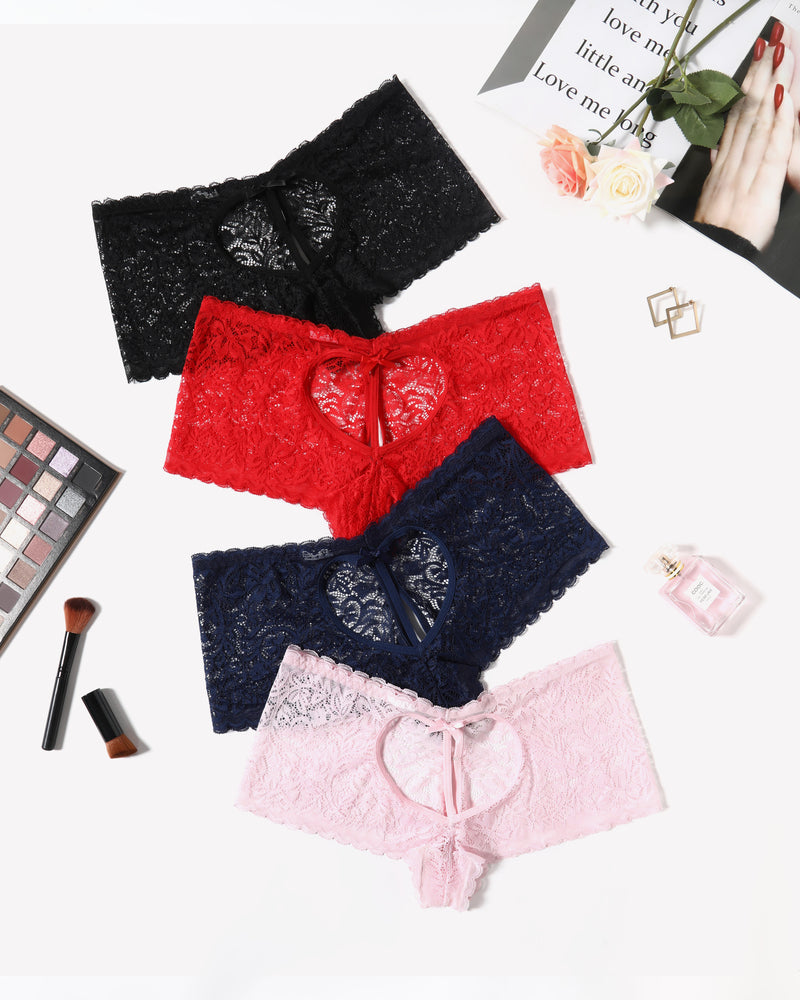 High-waist lace boyshort panties set in black, red, navy, and pale pink.