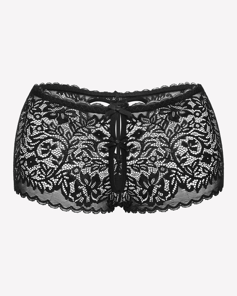 Black lace high-waist boyshorts with central bow and scalloped trim