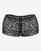 Black lace high-waist boyshorts with central bow and scalloped trim