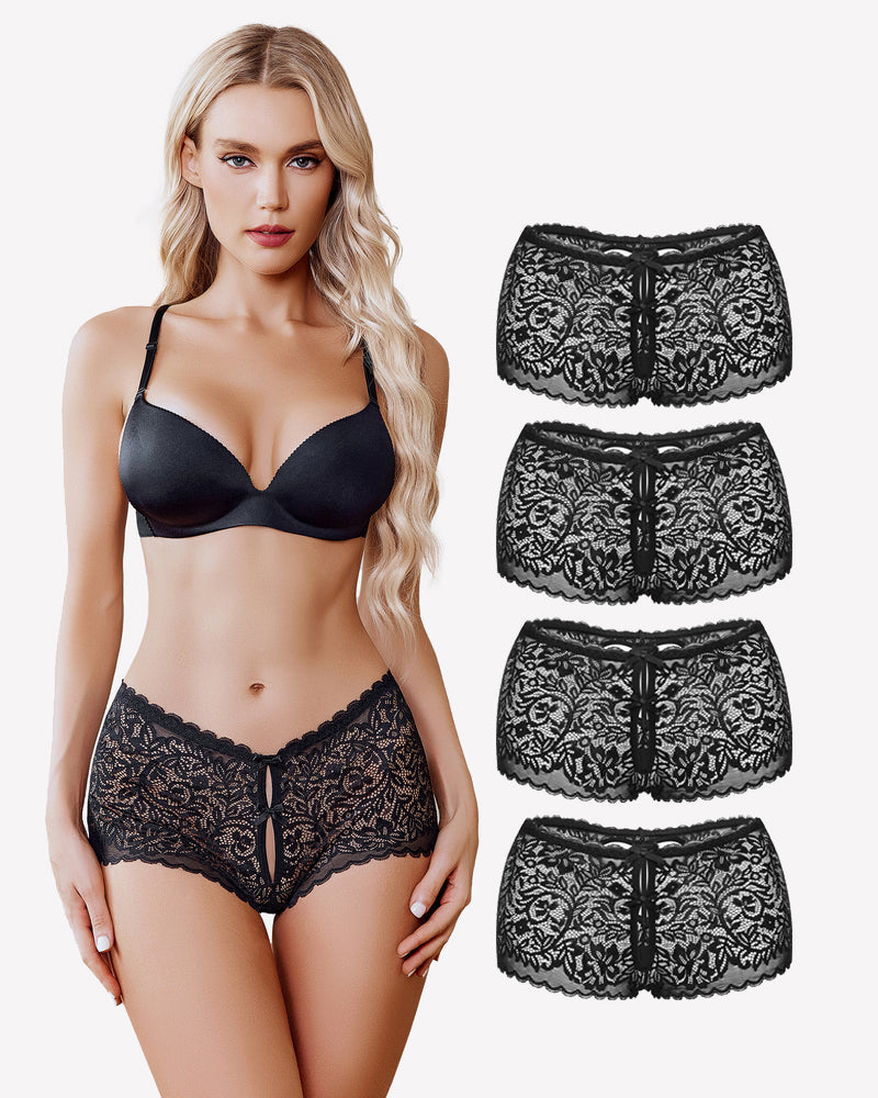 Black lace high-waist boyshorts with scalloped edges and bow-front keyhole detail