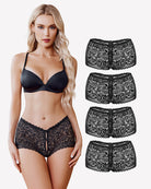 Black lace high-waist boyshorts with scalloped edges and bow-front keyhole detail