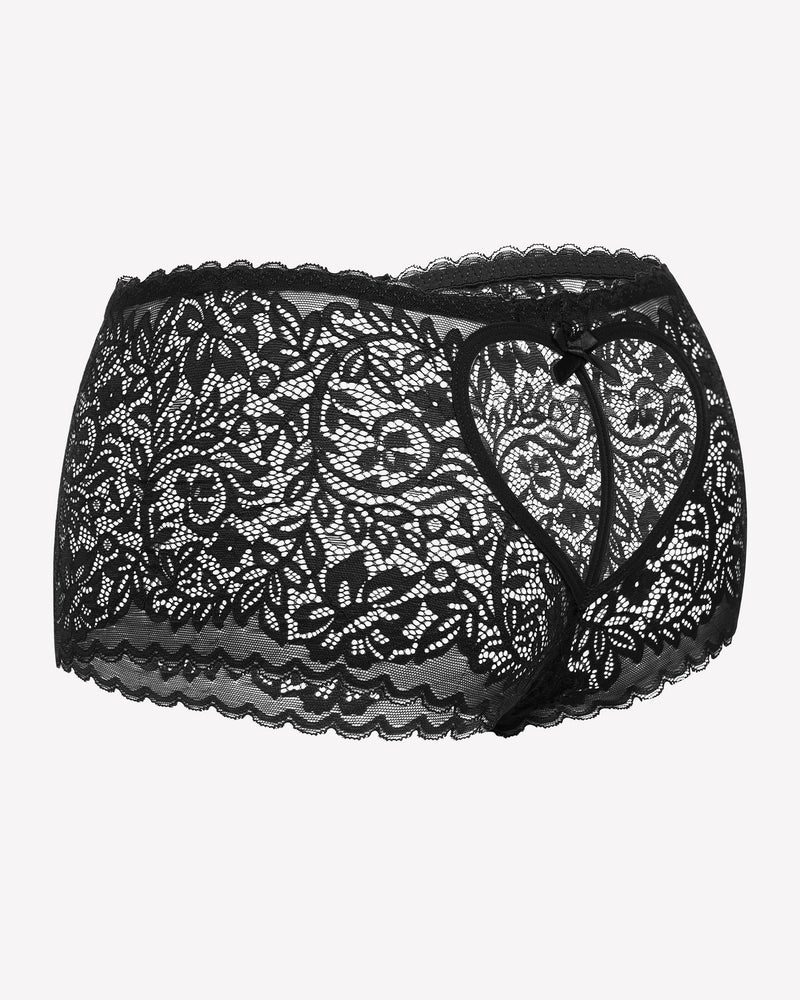 Black lace high-waist boyshorts with lace cutout and tie bow