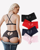 Black lace high-waist boyshorts with bow detail and keyhole back