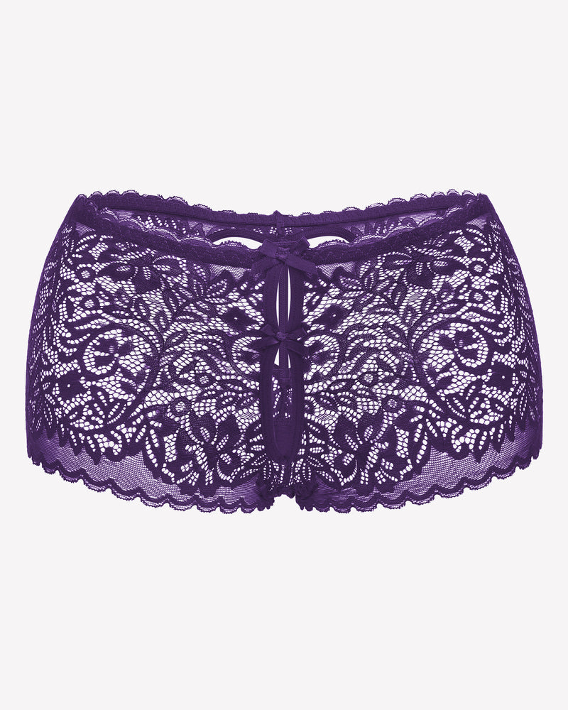 Purple lace high-waist boyshorts with central bow and scalloped trim