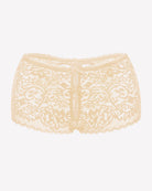 Ivory lace boyshort panties with scalloped edges and center keyhole panel