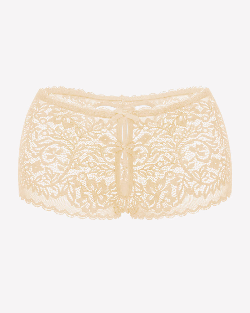 Ivory lace boyshort panties with scalloped edges and center keyhole panel