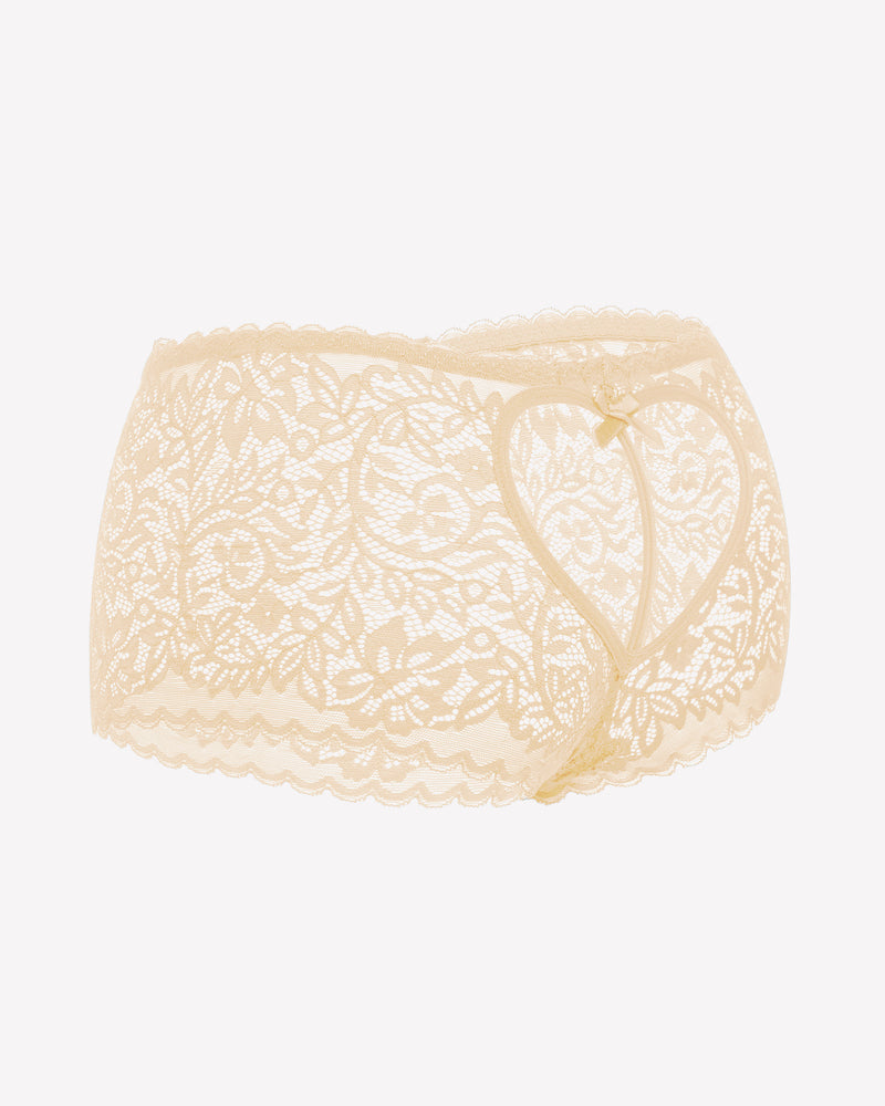 Ivory lace high-waist boyshort panties with scalloped lace trim and keyhole front