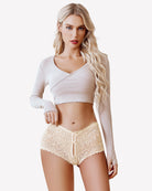 Ivory lace high-waist boyshort panties with scalloped leg openings and front keyhole