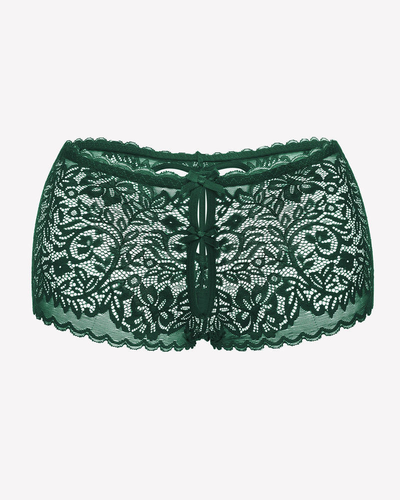 Green lace high-waist boyshort panties with scalloped trim and center vertical seam