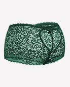 Green lace boyshort panties with bow detail and heart-shaped back keyhole