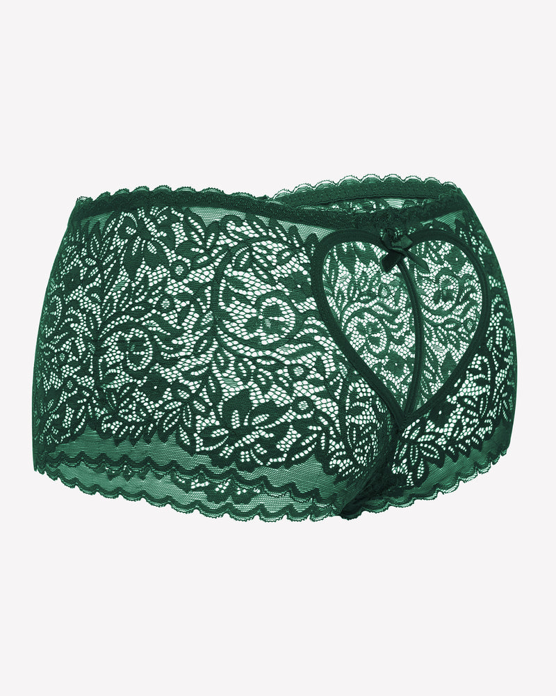Green lace boyshort panties with bow detail and heart-shaped back keyhole