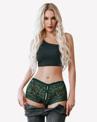Dark green lace high-waist boyshort panties with scalloped trim and center tie keyhole