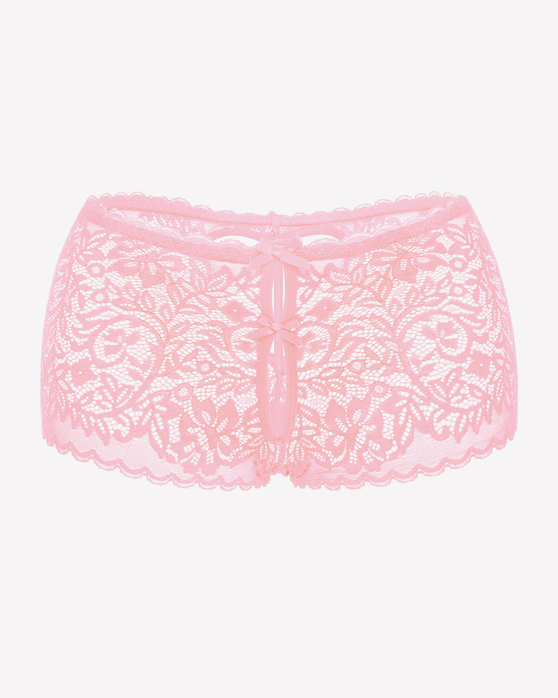Pink lace high-waist boyshort panties with scalloped edges and center keyhole panel