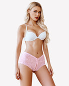 High-waist lace boyshorts in light pink, scalloped edges with small front bow