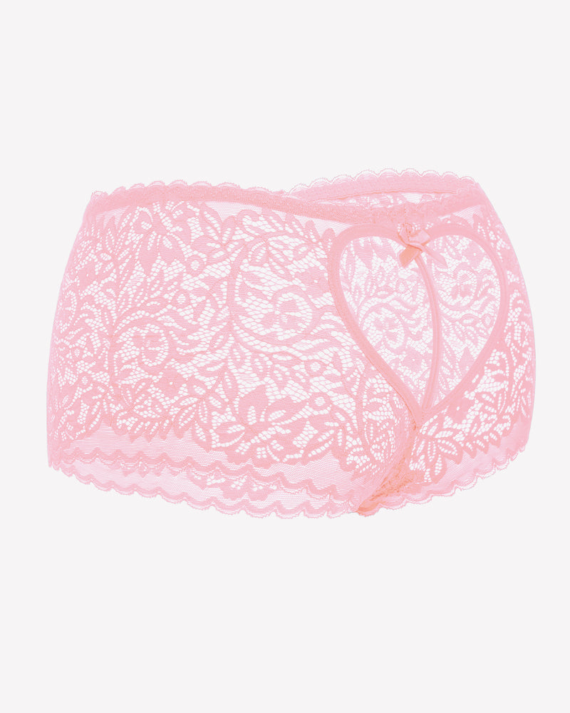 High-waist lace boyshorts in rose pink with bow detail and scalloped hem