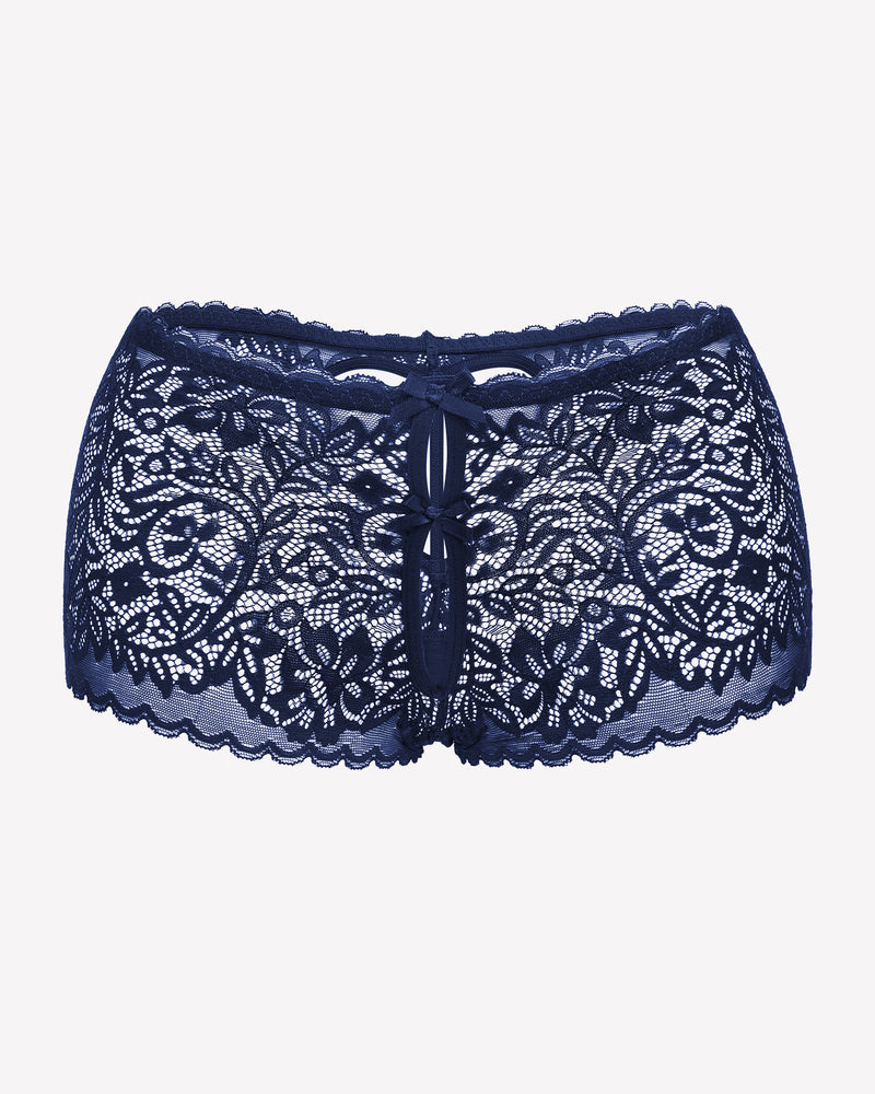 High-waist lace boyshorts in dark navy with center bow and scalloped edges