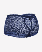High-waist lace boyshorts in dark navy with front tie and scalloped hem