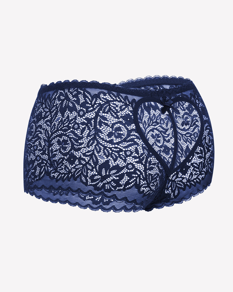 High-waist lace boyshorts in dark navy with front tie and scalloped hem