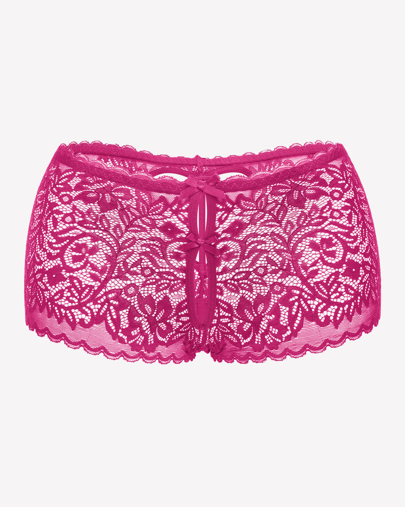 High-waist lace boyshorts in fuchsia pink with center bow and scalloped hem