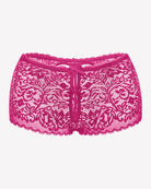 High-waist lace boyshorts in fuchsia pink with center bow and scalloped hem