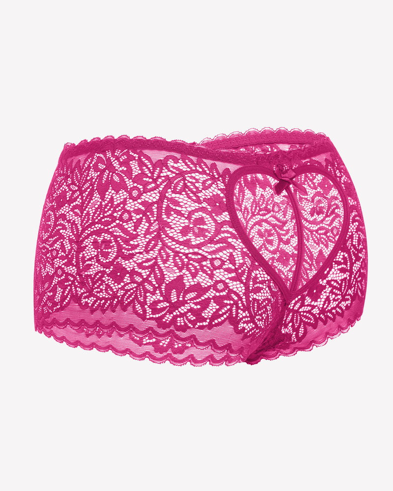 High-waist lace boyshorts in fuchsia pink with front tie strap and scalloped hem