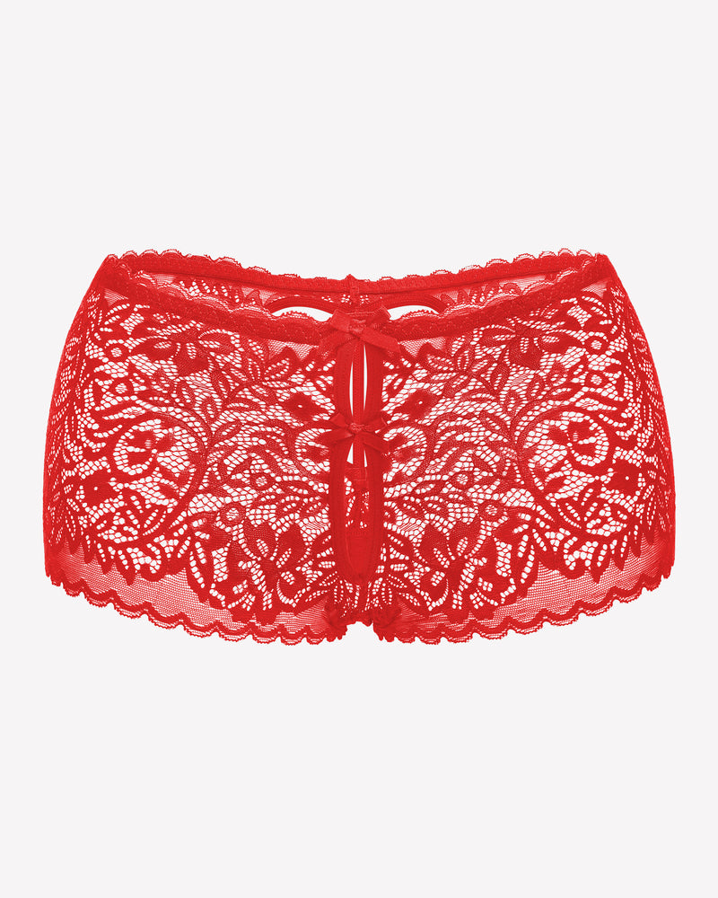 High-waist lace boyshort panties in red with scalloped edges and central bow detail