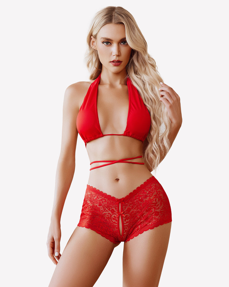 High-waist lace boyshort panties in red with scalloped lace edge and center bow
