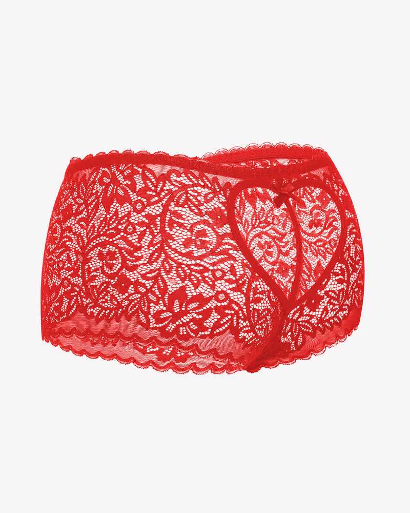 High-waist lace boyshort panties in red, scalloped lace trim with bow at front
