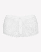 High-waist lace boyshort panties in white with scalloped lace trim and front tie bow