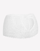 High-waist lace boyshort panties in white with scalloped lace edge and openwork lace