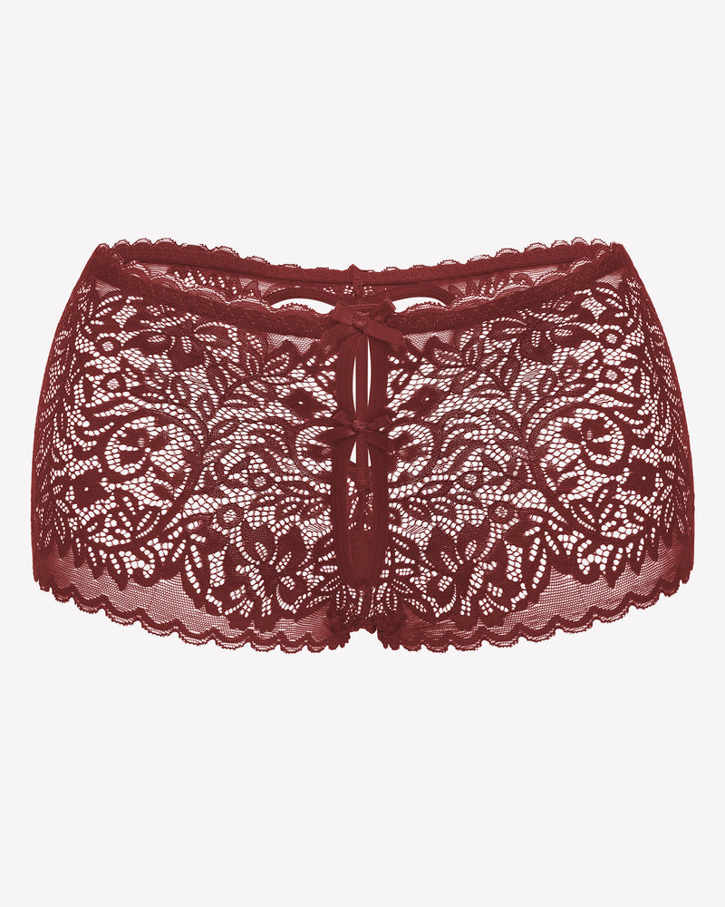 High-waist lace boyshort panties in dark red with scalloped lace trim and center bow